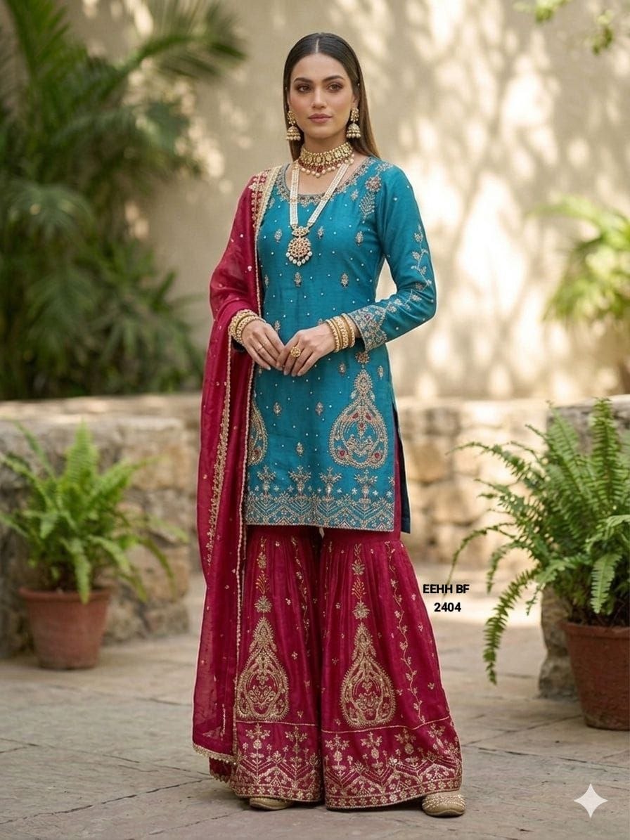 Teal Blue Kurta with Maroon Embroidered Sharara Salwar Set